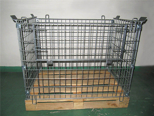 Galvanized Metal Mesh Containers Foldable Steel Mesh Cage With Wood Pallet